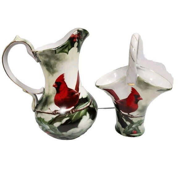 Cardinal in Holly Porcelain Pitcher & Basket Christmas Holiday Table Red Green - Picture 1 of 8